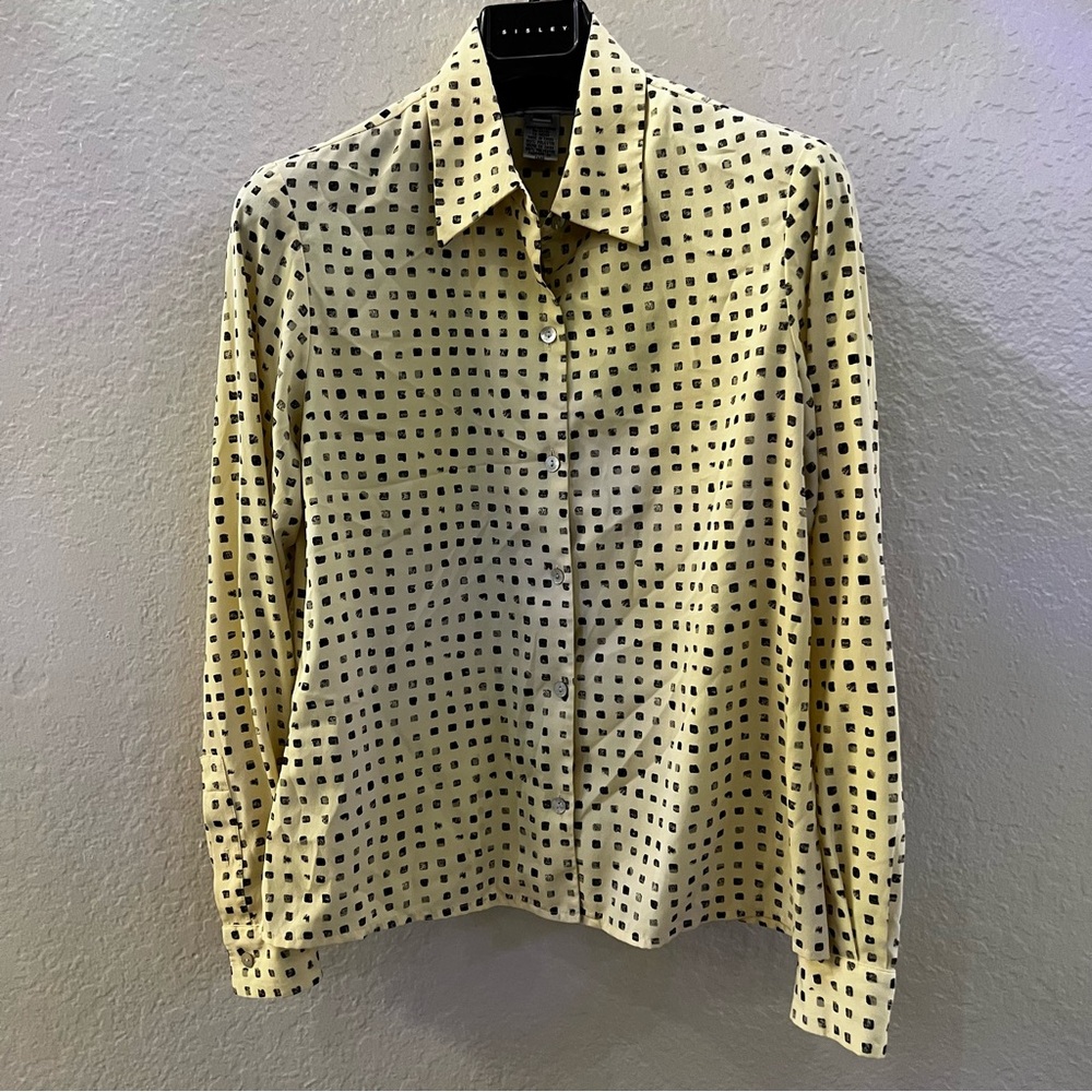 80s Vintage Jones Wear Cream and Black Patterned Blouse Large